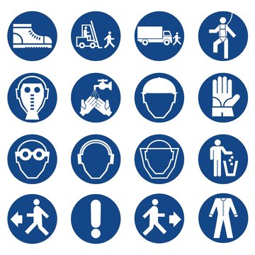 Set of safety equipment signs. Mandatory construction and industry signs. Collection of safety and health protection equipment. Protection on work.