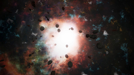 Meteor strike, meteoric shower across to sun, stars. Colorful cosmos background and rocks comes from sun. About Big Bang. © Ser