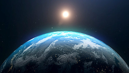 Planet Earth and sun. The sun is rising over World shading atmosphere, shading night to day 3D rendering.