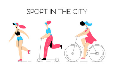 Obraz premium Set of young sports girl design character. Young girl skates on roller-skaters, rides the scooter and goes by bicycle. Modern vector lifestyle illustration in flat cartoon style
