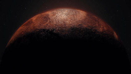 Mars, Sunrise over Planet Mars, Dark side of the red planet with shading. Stars, space, dark atmosphere and realistic