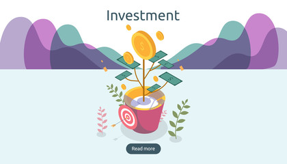 Business management growth concept. Returns on investment isometric vector illustration with money coin plant in flower pot. template for web landing page, banner, presentation, social media