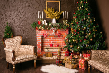 Beautiful living room with a decorative brick fireplace decorated for Christmas. Christmas fir tree decorated with toys and garlands.