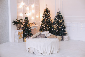 Luxurious light interior with three beautiful Christmas trees. Decorated with toys of gold and silver color.