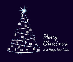 Abstract shining christmas tree with glowing stars, snowflakes and light chain. Merry Christmas and happy new year text, holiday greeting card on dark blue background, eps 10 vector illustration