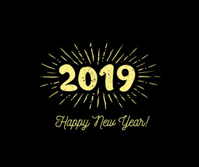 Fototapeta premium Sunbursts 2019. Congratulation with Happy New Year. Vector illustration
