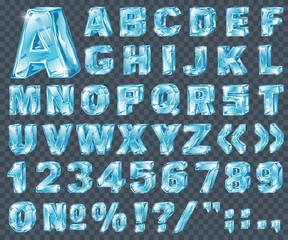 Vector ice alphabet. Ice letters and numerical symbols