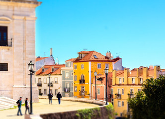 Beautiful colorful buildings surrounding National Pantheon in Lisbon, Portugal