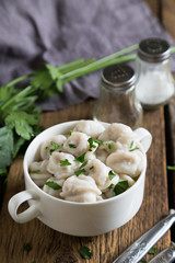 Traditional Russian pelmeni, dumplings, ravioli
