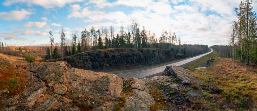 Rocky mountains along the highway A-121 Sortavala in Karelia. Russia. Panorama.