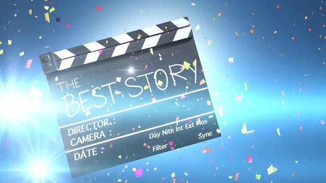 Best story , text title on movie Clapper board,confetti celebration