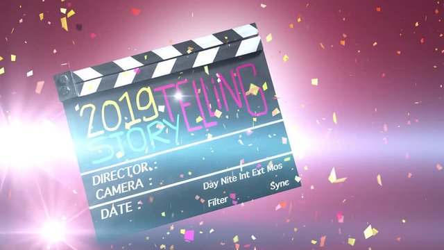 2019 Story telling ,colourful text title on movie Clapper board,confetti celebration