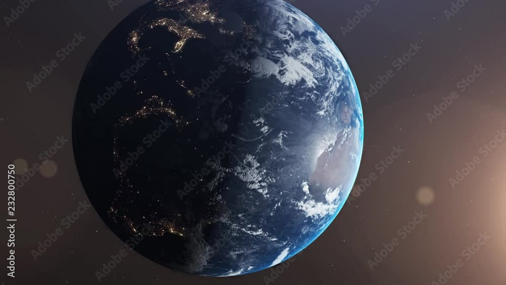 Wall mural planet earth with aurora in night time rendering. the world is rotating on space, sunlight above. sh