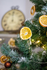 Obraz na płótnie Canvas Christmas or new year interior, closeup xmas tree decorated with dried oranges and LED lights, winter holidays concept, original decoration ideas, midnight
