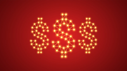 Inscription of 3 dollars with neon lamps. Vector
