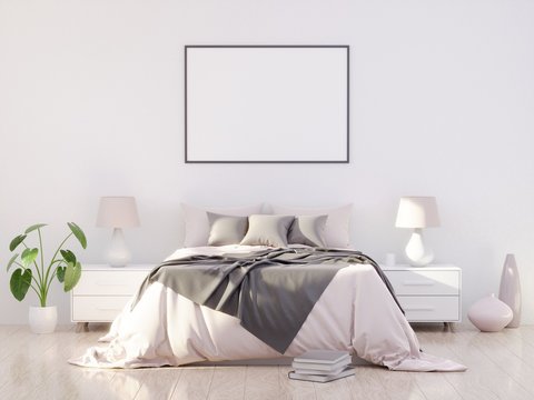 Fototapeta Bright and cozy modern bedroom interior design, light walls, gray blanket,soft pillows, white furniture. 3D render.