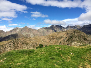 Saftige Almwiese in Südtirol in den Alpen mit Gipfeln und Bergkette am Horizont