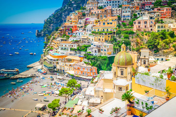 view of Positano town and beach - famous old italian resort at summer, Italy, retro toned