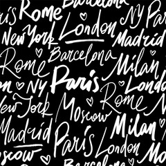 Seamless pattern with names of world cities Paris, Madrid, Barcelona, Rome, Milan, London, Moscow and New York. Modern hand drawn brush calligraphy illustration
