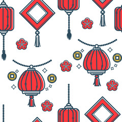 Chinese lantern made of papers, oriental style seamless pattern