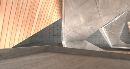 Abstract  concrete and wood interior  with neon lighting. 3D illustration and rendering.