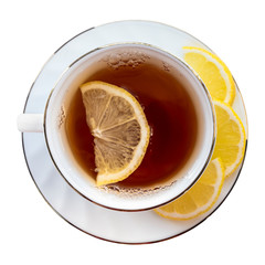 Cup of tea with lemon. Isolated on white background. Top view.