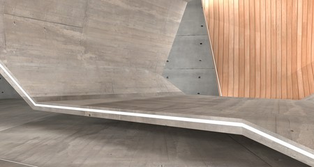 Abstract  concrete and wood interior  with neon lighting. 3D illustration and rendering.