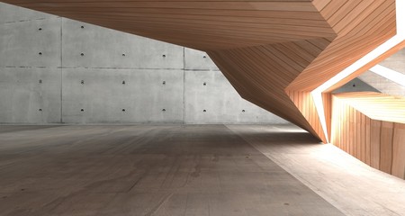 Obraz premium Abstract concrete and wood interior with neon lighting. 3D illustration and rendering.