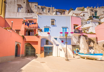Procida island colorful small town street, Italy, retro toned