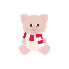 winter cartoon pig with scarf sitting