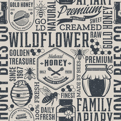 Obraz premium Retro styled honey seamless pattern, logo and icons