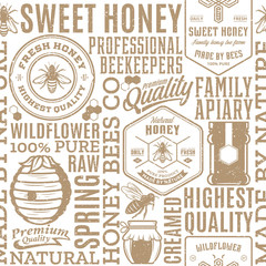Retro styled honey seamless pattern, logo and icons