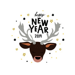 Hand sketched Happy New Year text on textured background. Lettering typography for Happy New Year holidays greeting card, invitation, banner, postcard, web, poster template. Vector illustration.