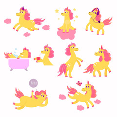Set of cute unicorns playing, listening to music, relaxing in the bathroom.