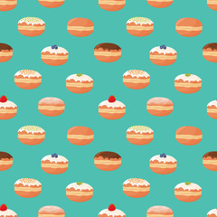 Seamless pattern with different kinds of donuts (doughnuts), powdered sugar topping, chocolate glazing, berry. Vector illustration. - 232807364