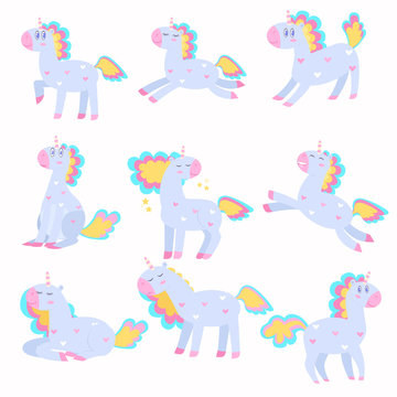 Set of cute unicorns playing, running with a beautiful multi-colored mane.