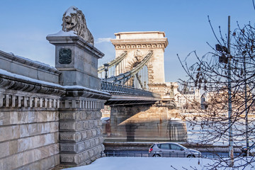 Lanchid or Chain bridge in Budapest at winter
