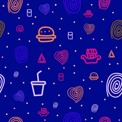 Abstract seamless pattern with fast food motifs, burgers, hot dogs, etc