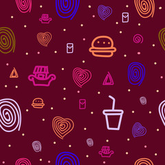 Abstract seamless pattern with fast food motifs, burgers, hot dogs, etc