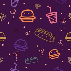 Abstract seamless pattern with fast food motifs, burgers, hot dogs, etc