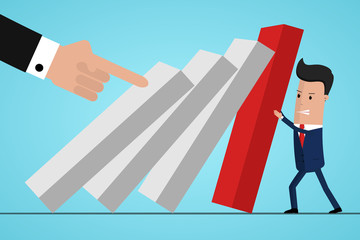 Fototapeta premium Businessman trying to stop falling domino. Business crisis management and solution concept. Concept of risk. Vector illustration