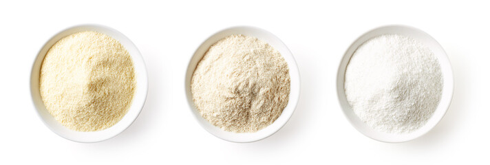 Porridge powders isolated on white, from above