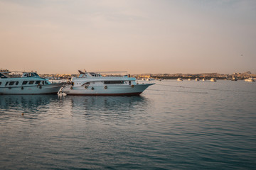 Fototapeta na wymiar Yachts docked in the seaport at sunset.