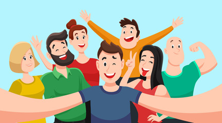 People group selfie. Friendly guy makes group photo with smiling friends on smartphone camera in hands vector cartoon illustration