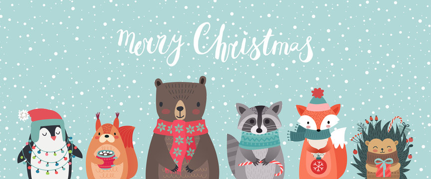 Christmas card with animals, hand drawn style.