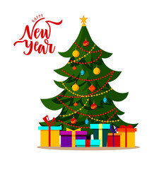 Happy New Year hand lettering with decorated Christmas tree with gifts, star, balls, garlands. Vector illustration for New Year holidays. Flat style design.