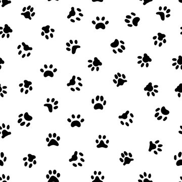 Cats paw print. Cat or dog paws footsteps prints, pets footprints and animal printed footstep tracks seamless pattern vector background