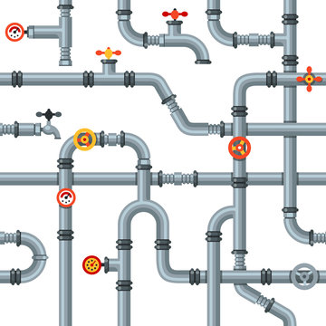 Industrial pipes seamless pattern. Pipe valves and taps, drain cooling or heating system pipelines gas pressure gauge vector concept