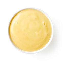 Bowl of baby porridge isolated on white, from above