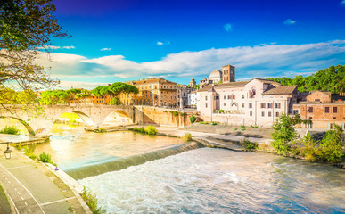 view of old town Trastevere and river Tber, Rome, Italy, retro toned